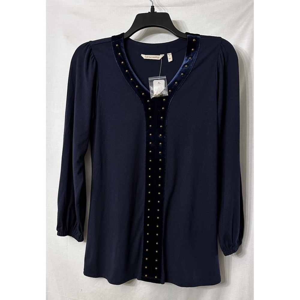 NWT‎ Soft Surroundings Womens Long Sleeve Adornment Navy Blue Top Shirt Small
